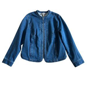 Chicos Womens Sz Medium Denim Jacket With Zip Closure Cotton Blend Blue